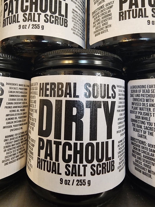 9 oz Dirty Patchouli Ritual Dead Sea Salt scrub (Dirty Scrub) with Patchouli Oil Serum